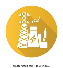 Energy industry yellow flat design long shadow glyph icon. Electricity generation and transmission. Electrical sector. Nuclear power plant and high voltage tower. Vector silhouette illustration