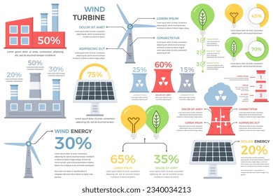 Energy infographic elements - factories, wind turbines, solar panels, atomic energy, light bulbs, green energy, vector eps10 illustration