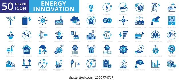 Ícone de inovação energética conjunto de cogeração, solar, gestão, eletricidade, vento, armazenamento, colheita, sustentável, renovável, nanotecnologia, hidroelétrica, biomassa, eficiência, geração de energia