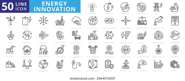 Energy innovation icon set with renewable, sustainable, efficiency, power grid, solar, wind, biothermal and biomass