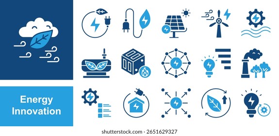 Energy Innovation icon set with Renewable, Green energy, Solar, Wind energy, Smart grid, efficiency, Innovation.