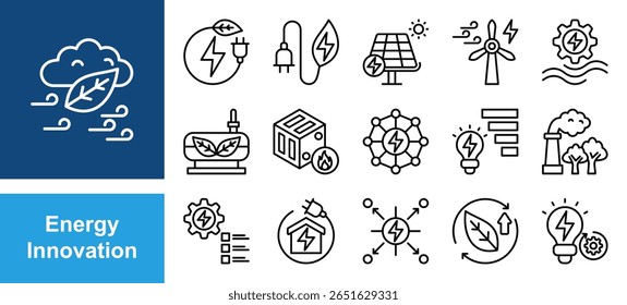 Energy Innovation icon set with Renewable, Green energy, Solar, Wind energy, Smart grid, efficiency, Innovation.