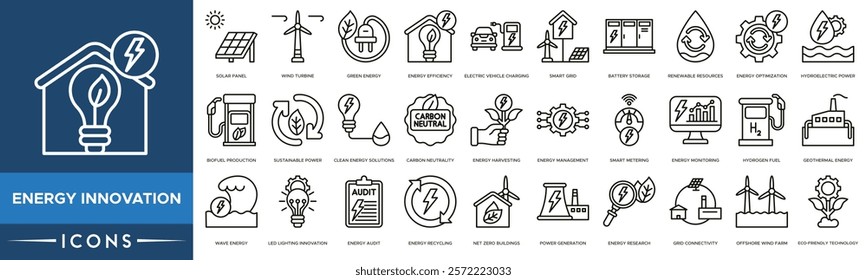 Energy Innovation icon. Solar Panel, Wind Turbine, Green Energy, Energy Efficiency and Electric Vehicle Charging