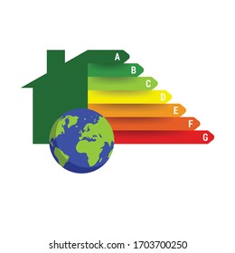 Energy Label Konzept - Home, Energy Efficiency Diagramm und Erde. Konzeptionelle Vektorillustration im flachen Design.Einzeln auf dem Hintergrund.