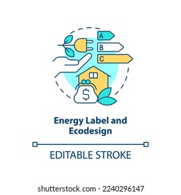 Icono de concepto de etiqueta de energía y diseño ecológico. Indicador del dispositivo. Ilustración de línea delgada de ideas abstractas de eficiencia energética. Dibujo de contorno aislado. Trazo editable. Fuentes Arial, Myriad Pro-Bold utilizadas