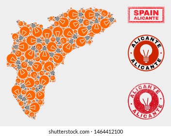 Energy lamp mosaic Alicante Province map and rubber round stamps. Mosaic vector Alicante Province map is composed with light lamp icons. Abstraction for innovation business.
