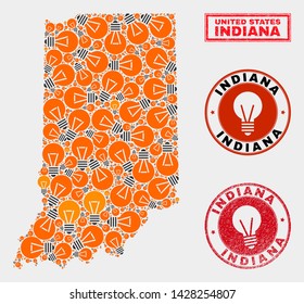 Energy lamp mosaic Indiana State map and grunge rounded stamps. Mosaic vector Indiana State map is designed with power lamp items. Abstraction for innovation services. Orange and red colors used.