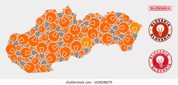 Energy lamp mosaic Slovakia map and rubber round stamp seals. Mosaic vector Slovakia map is composed with light lamp elements. Templates for electric business. Orange and red colors used.