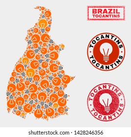 Energy lamp mosaic Tocantins State map and rubber round stamps. Mosaic vector Tocantins State map is designed with power lamp elements. Concept for electric business. Orange and red colors used.
