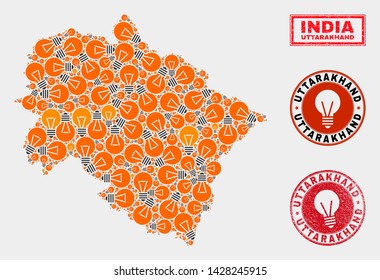 Energy lamp mosaic Uttarakhand State map and grunge rounded seals. Mosaic vector Uttarakhand State map is designed with illumination lamp items. Abstraction for patent services.