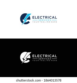 Energy letter E logo with lightning shape icon design template element. Power electra sign