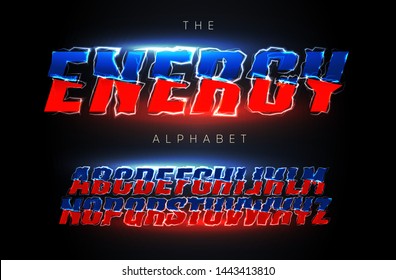 Energy Letters Set. Electric Voltage Or Storm Lightning Style Vector Latin Alphabet. Blue And Red Font For Events, Promotions, Logos, Banner, Monogram And Poster. Typography Design. 