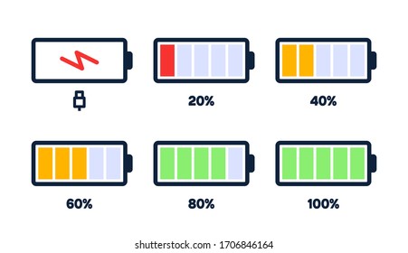 Energy level icon. Charge load, phone battery indicator, smartphone power level, accumulator energy empty and full status icons set. Stages of gadget recharging. Charging energy percent