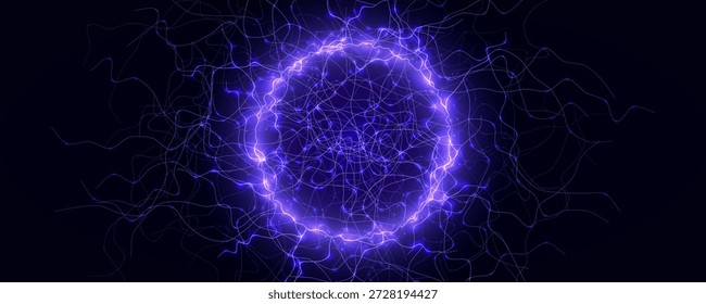 Anillo de luz de energía Neon Circle Net Web. Agujero mágico del portal, luz del trueno, rayo redondo, bola del rayo. Luz púrpura azul del agujero, fondo estático del efecto actual. Ilustración vectorial