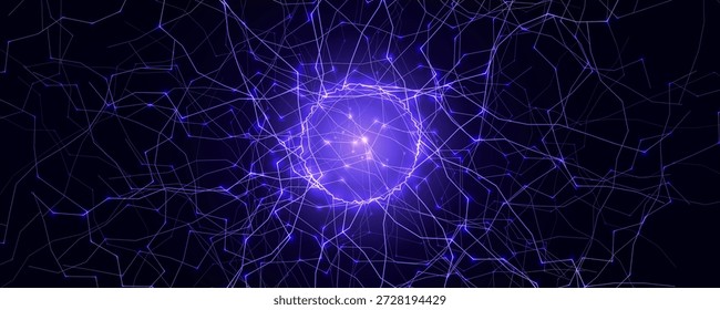 Anillo de luz de energía Neon Circle Net Web. Agujero mágico del portal, luz del trueno, rayo redondo, bola del rayo. Luz púrpura azul del agujero, fondo estático del efecto actual. Ilustración vectorial