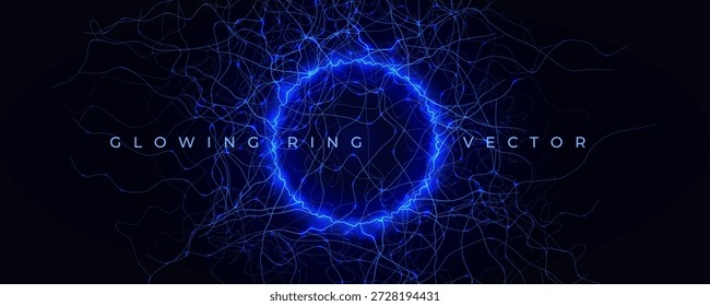 Anillo de luz de energía Neon Circle Net Web. Agujero mágico del portal, luz del trueno, rayo redondo, bola del rayo. Luz púrpura azul del agujero, fondo estático del efecto actual. Ilustración vectorial