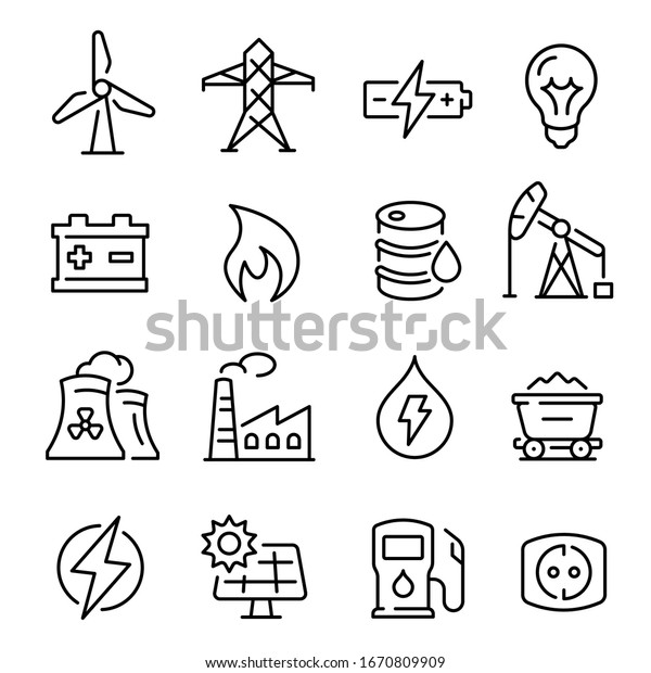 Energy line art icon, technology\
and electricity power. Different sources of energy, collector\
panels, energy production, resources. Vector energy sign\
lustration