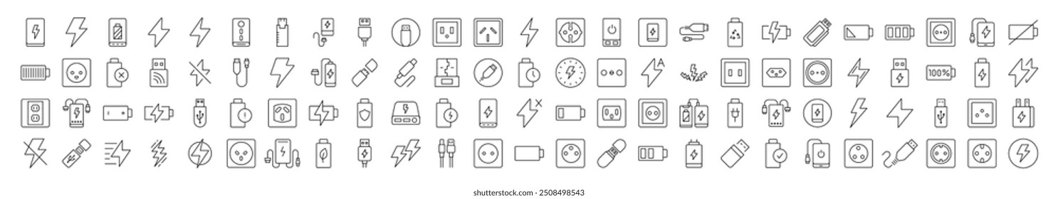 Energy Line Icon Bundle. Modern Collection for Design, Web Sites, Apps, Cards. Contains Linear Images of Battery, USB Cable, Charger, Outlet