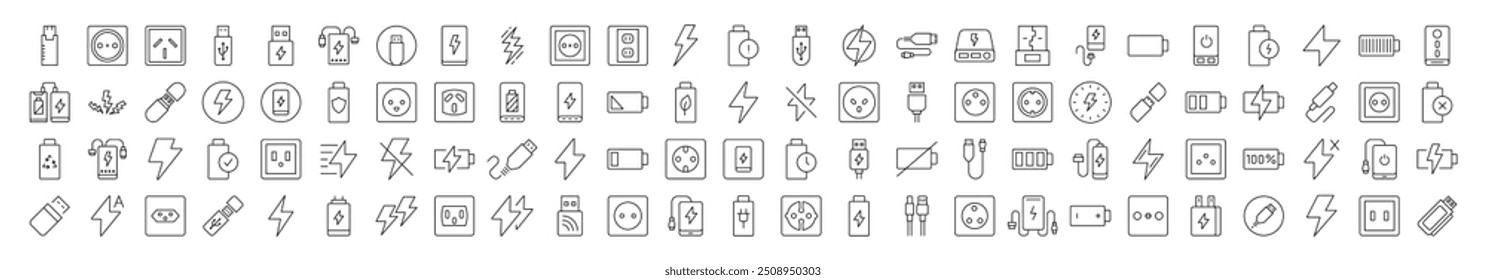 Energy Line Icon Collection. Modern Collection for Design, Web Sites, Apps, Cards. Contains Linear Images of Battery, USB Cable, Charger, Outlet