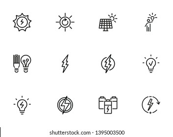 Energy line icon set. Batteries, glowing lightbulb, lightning bolt. Power concept. Can be used for topics like ecology, renewable energy, electricity