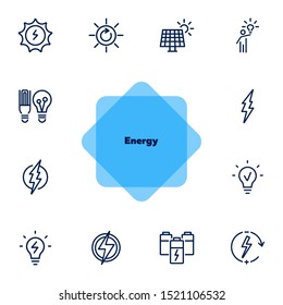 Energy line icon set. Batteries, glowing lightbulb, lightning bolt. Power concept. Can be used for topics like ecology, renewable energy, electricity