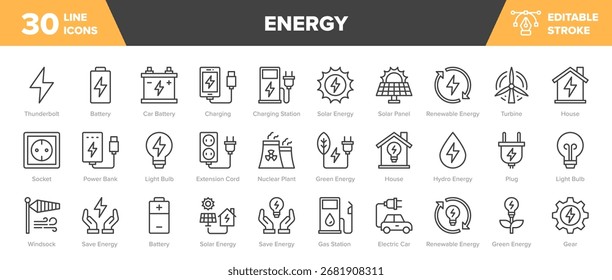 Conjunto de iconos de línea de energía: electricidad, batería, gasolinera, Ilustración vectorial de energía verde