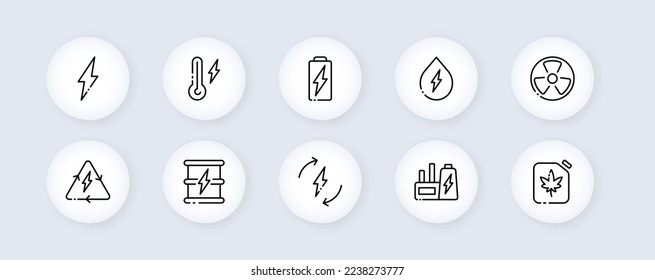 Energy line icon set. Neomorphism, lightning, heating, accumulator, battery, hydropower, nuclear, recyclable resources, nuclear power plant, fuel. Technology concept. Vector black line neomorphic icon