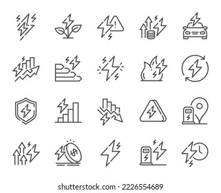 Energy line icons. Electric power, Charge station and Electricity price inflation set. Eco energy, efficiency consumption and saving electricity line icons. Lightning bolt, electric power. Vector