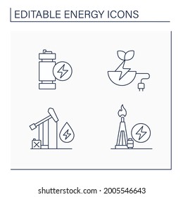 Energy line icons set. Oil, gas power. Modular mini reactor, biomass energy. Power stations. Electricity generation concept. Isolated vector illustration. Editable stroke