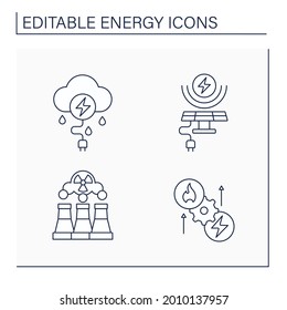 Energy line icons set. Thunderstorm, solar, wind energy. Fusion reactor, thermoelectric generator. Electricity generation concept. Isolated vector illustration. Editable stroke