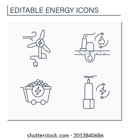 Symbole für Energielinien gesetzt. Wind, Kohleenergie, erneuerbare fossile Brennstoffe. Lagerung. Kraftwerke. Konzept der Stromerzeugung. Einzige Vektorgrafik. Bearbeitbarer Hub