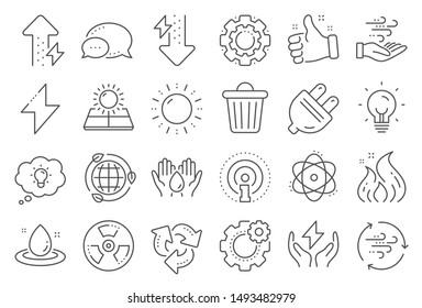 Energy line icons. Solar panels, wind energy and electric thunder bolt. Fire flame, hazard, green ecology icons. Electric plug, thunderbolt, recycling trash can. Solar power. Line signs set. Vector