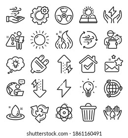 Energy line icons. Solar panels, wind energy and electric thunder bolt. Fire flame, hazard, green ecology icons. Electric plug, thunderbolt, recycling trash can. Solar power. Line icon set. Vector