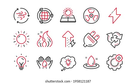 Energy line icons. Solar panels, wind energy and electric thunder bolt. Fire flame, hazard, green ecology icons. Linear set. Linear set. Quality line set. Vector