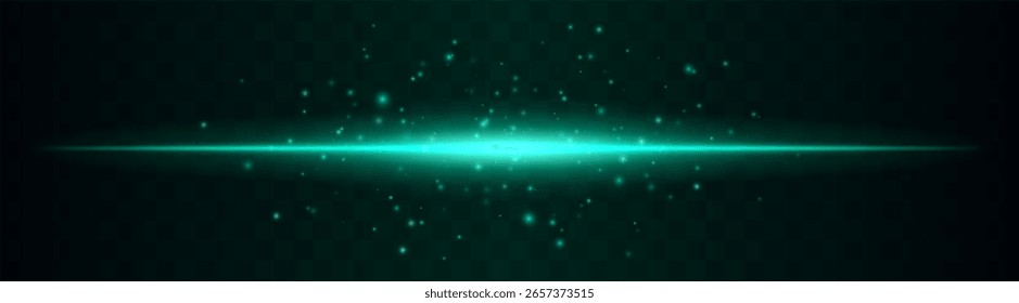 Línea de energía. Delgado haz de luz Horizontal rodeado de partículas flotantes brillantes. El efecto de ráfaga central crea energía atmosférica sobre fondo transparente.
