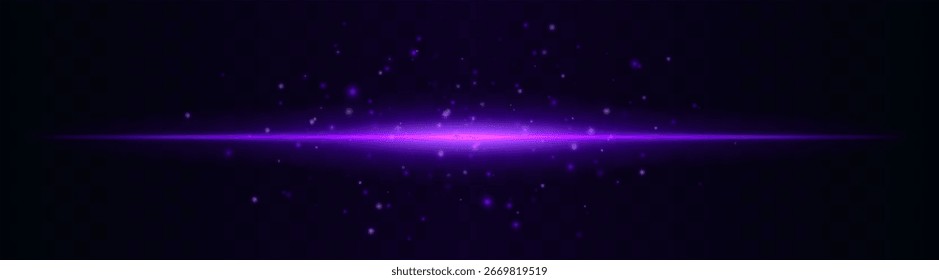 Energieleitung. Dünner horizontaler Lichtstrahl umgeben von leuchtenden, schwebenden Teilchen. Der zentrale Burst-Effekt erzeugt atmosphärische Energie, die sich auf transparentem Hintergrund ausbreitet.