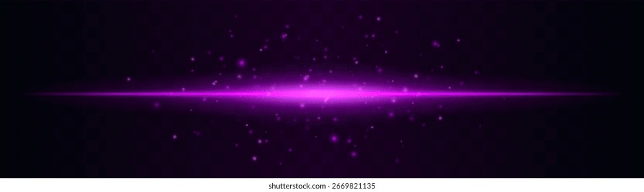 Energy line. Thin horizontal light beam surrounded by glowing floating particles. Central burst effect creates atmospheric energy spread on transparent background.
