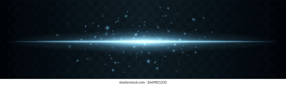 Línea de energía. Delgado haz de luz Horizontal rodeado de partículas flotantes brillantes. El efecto de ráfaga central crea energía atmosférica sobre fondo transparente.