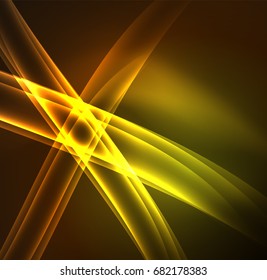Líneas de energía, ondas brillantes en el fondo oscuro, vector abstracto. Plantilla de diseño de presentación de vocabulario o tecnología, patrón de folleto o volante, o banner web geométrico