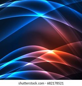 Líneas de energía, ondas brillantes en el fondo oscuro, vector abstracto. Plantilla de diseño de presentación de vocabulario o tecnología, patrón de folleto o volante, o banner web geométrico
