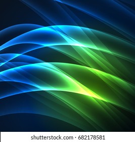 Líneas de energía, ondas brillantes en el fondo oscuro, vector abstracto. Plantilla de diseño de presentación de vocabulario o tecnología, patrón de folleto o volante, o banner web geométrico