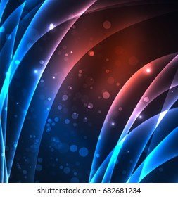 Líneas de energía, ondas brillantes en el fondo oscuro, vector abstracto. Plantilla de diseño de presentación de vocabulario o tecnología, patrón de folleto o volante, o banner web geométrico