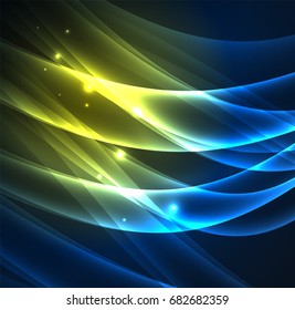 Líneas de energía, ondas brillantes en el fondo oscuro, vector abstracto. Plantilla de diseño de presentación de vocabulario o tecnología, patrón de folleto o volante, o banner web geométrico