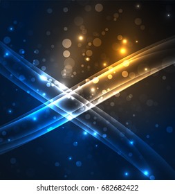 Energy lines, glowing waves in the dark, vector abstract background. Vector business or technology presentation design template, brochure or flyer pattern, or geometric web banner