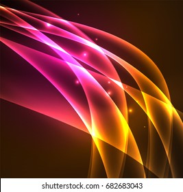 Energy lines, glowing waves in the dark, vector abstract background. Vector business or technology presentation design template, brochure or flyer pattern, or geometric web banner