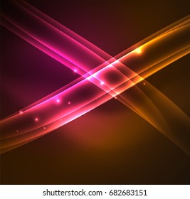 Líneas de energía, ondas brillantes en el fondo oscuro, vector abstracto. Plantilla de diseño de presentación de vocabulario o tecnología, patrón de folleto o volante, o banner web geométrico