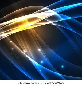 Energy lines, glowing waves in the dark, vector abstract background. Vector business or technology presentation design template, brochure or flyer pattern, or geometric web banner