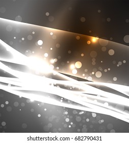 Líneas de energía, ondas brillantes en el fondo oscuro, vector abstracto. Plantilla de diseño de presentación de vocabulario o tecnología, patrón de folleto o volante, o banner web geométrico