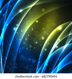 Líneas de energía, ondas brillantes en el fondo oscuro, vector abstracto. Plantilla de diseño de presentación de vocabulario o tecnología, patrón de folleto o volante, o banner web geométrico
