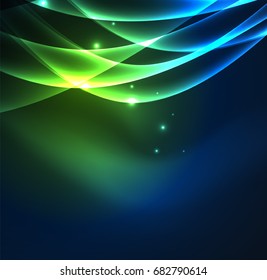 Energy lines, glowing waves in the dark, vector abstract background. Vector business or technology presentation design template, brochure or flyer pattern, or geometric web banner
